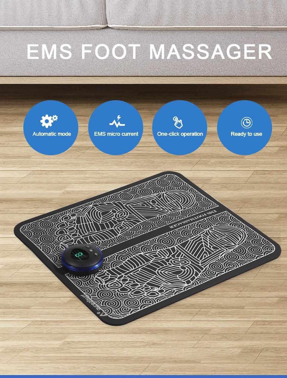 Portable foldable black EMS electric foot massager mat with digital control for muscle relief and blood circulation.