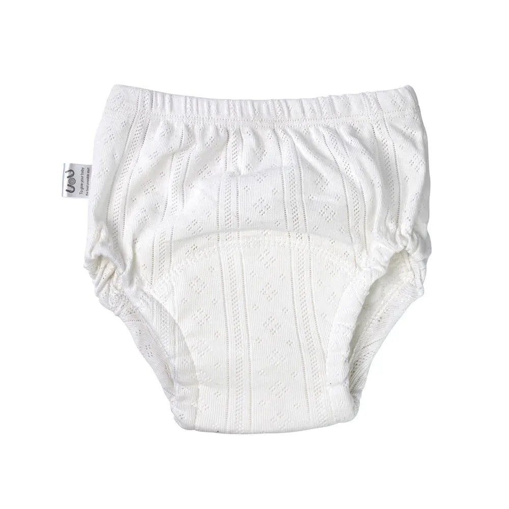 UOU white baby training pants with breathable textured fabric for potty training comfort.