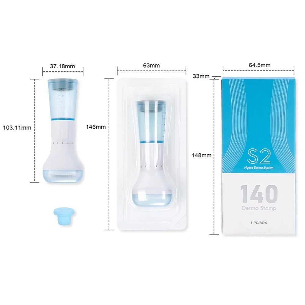 S2 140-pin Hydra Derma Stamp with serum applicator for microneedling hair regrowth and face skin care in blue box.