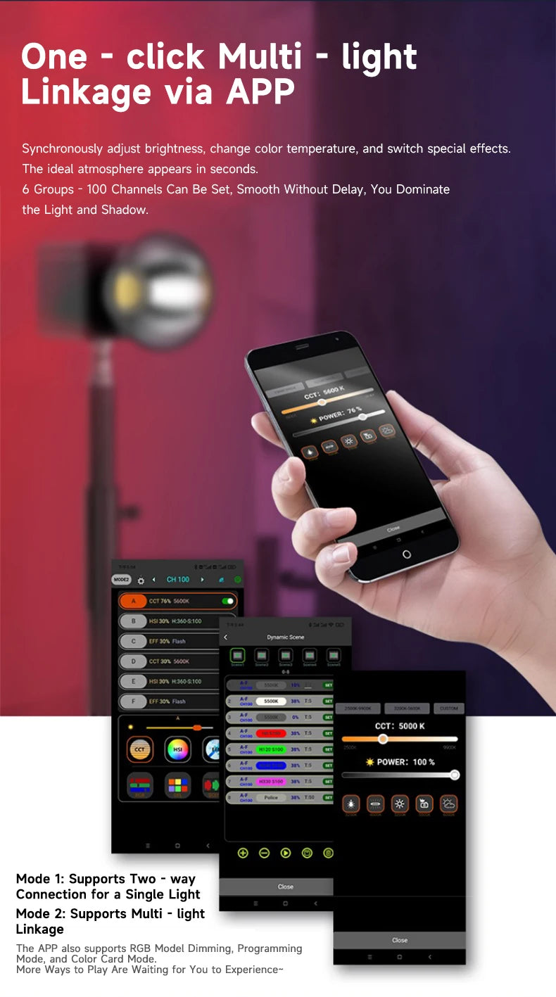 A hand holding a smartphone displaying a lighting control app to adjust brightness, color, and effects on studio lights.