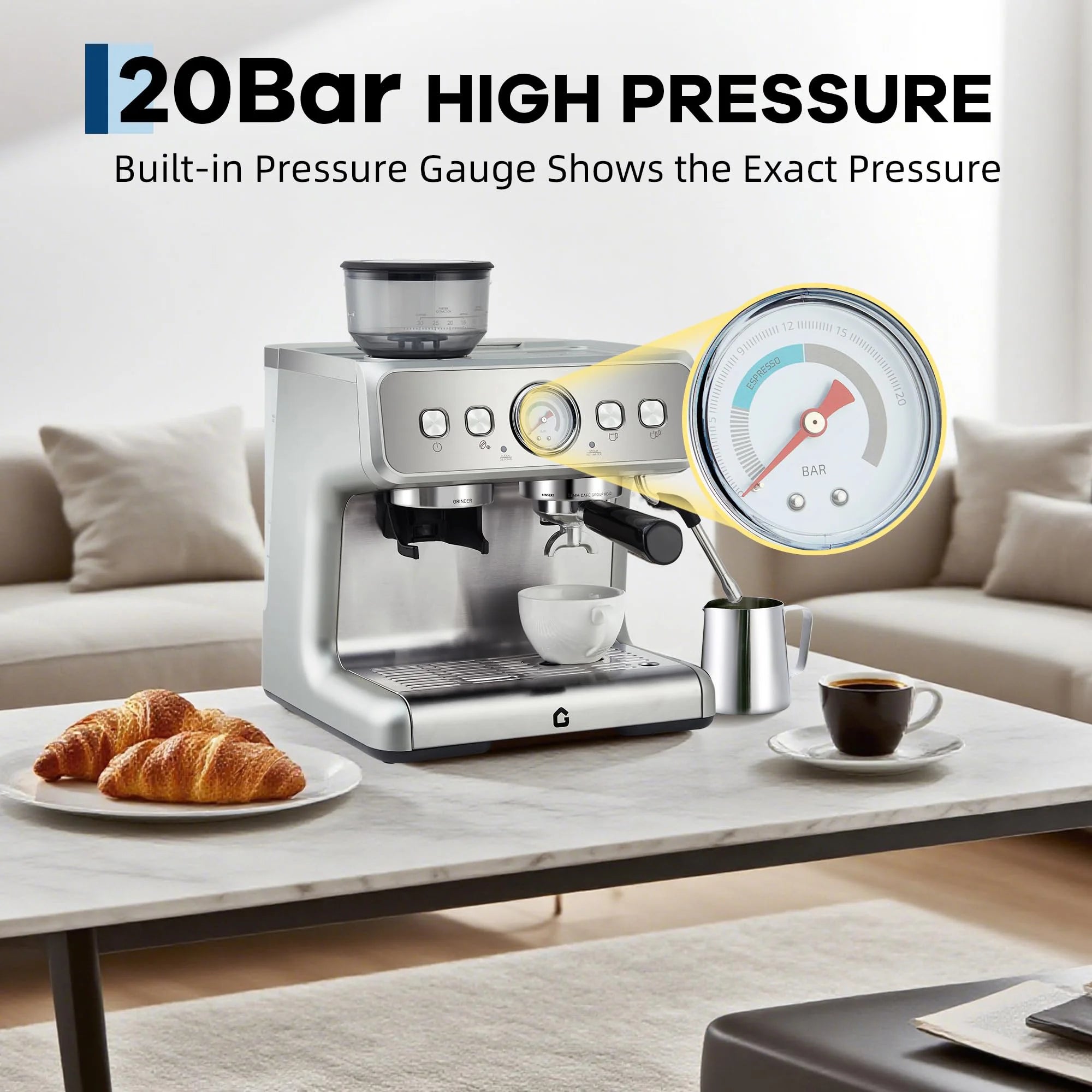 Silver 20-bar espresso machine with built-in grinder, pressure gauge, and steam wand on a modern kitchen table.