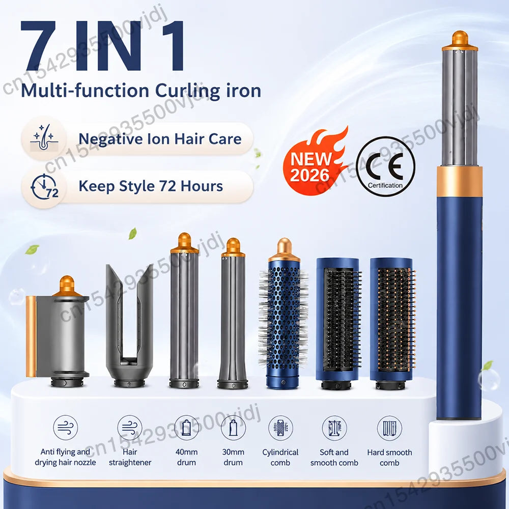 7-in-1 blue and gold high-speed hair dryer set with curling barrels, brushes, and straightener for professional styling.