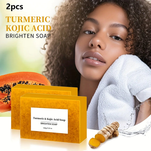2-pack yellow turmeric and kojic acid soap bars for anti-inflammatory brightening skincare, 100g each.
