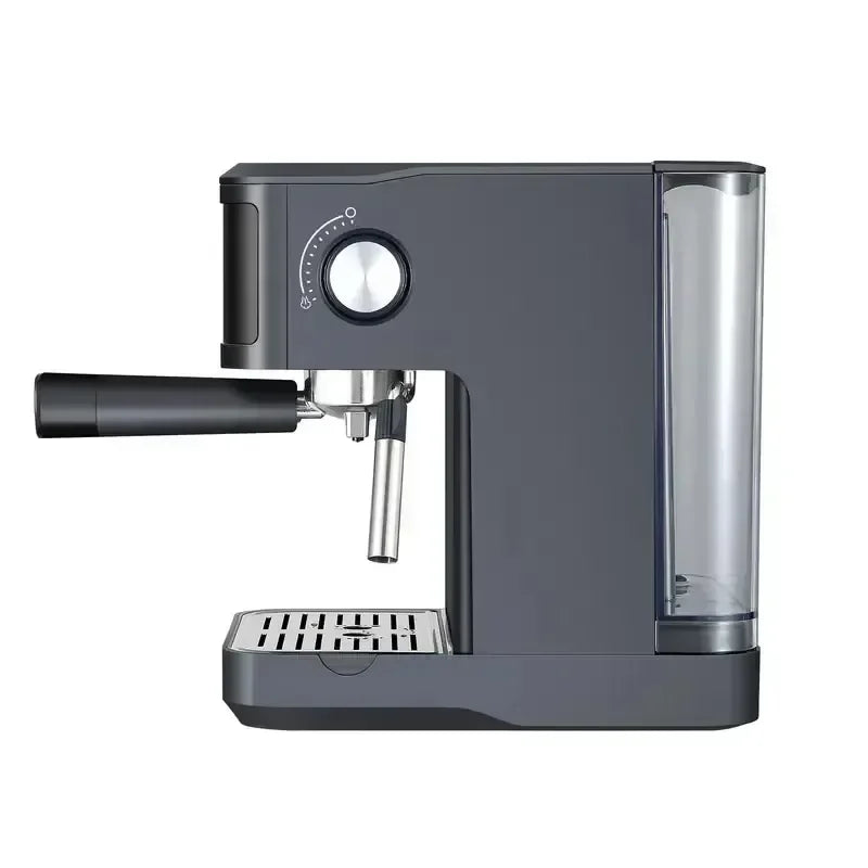 Matte black espresso machine with metal portafilter, steam wand, and side water tank on a white background.