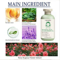 Pale green 200ml bottle of Mandelic Acid Clean Scrub Gel, featuring ingredient graphics of cucumber, aloe, and roses.