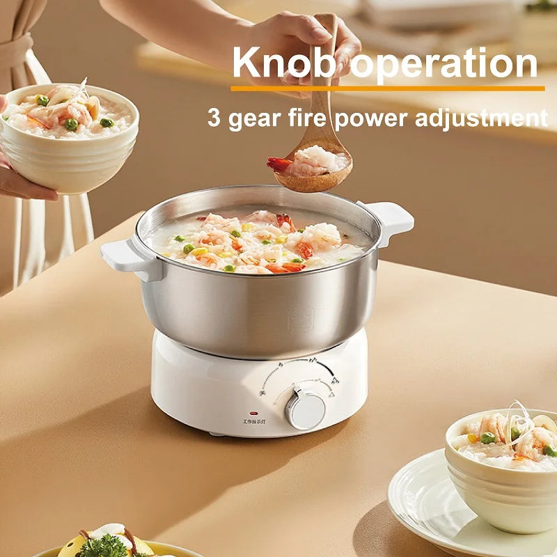 White electric hot pot with stainless pot and knob control, 3-gear power