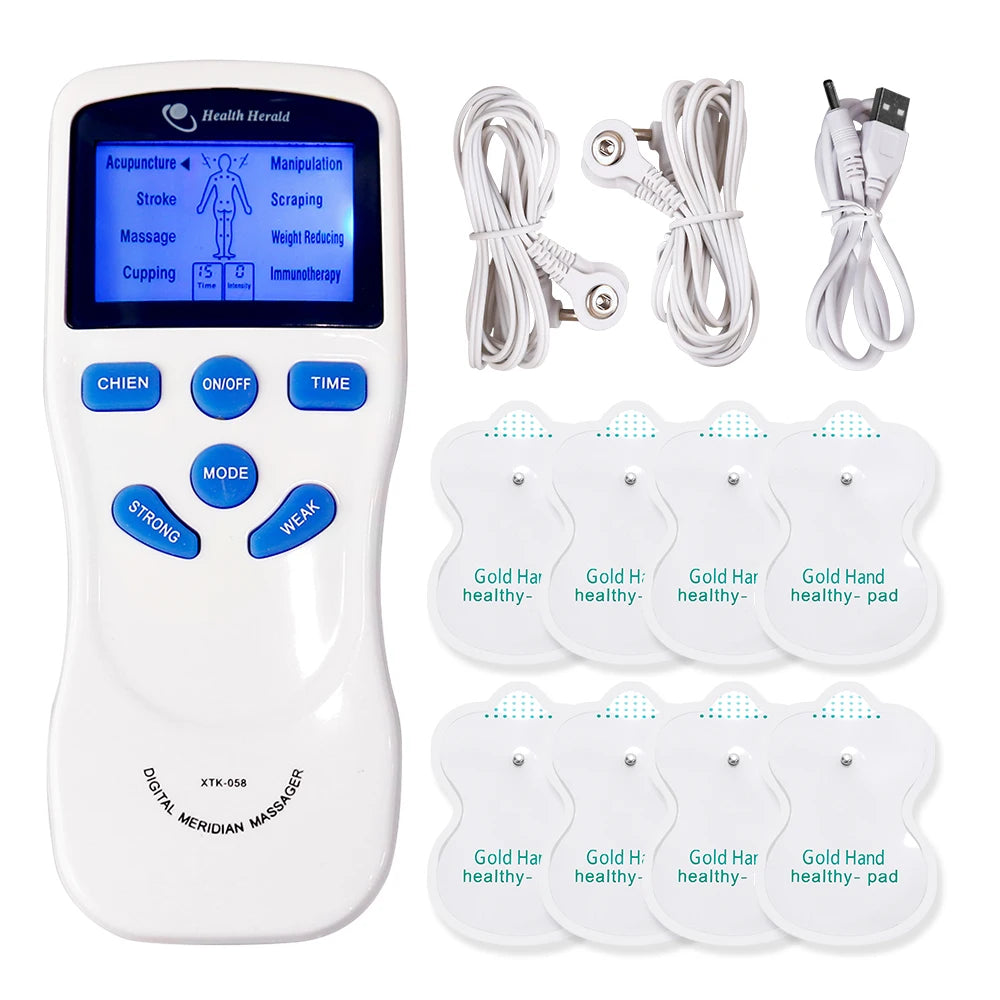 White 8-mode TENS/EMS digital therapy massager with blue LCD screen, electrode cables, and eight sticky massage pads.