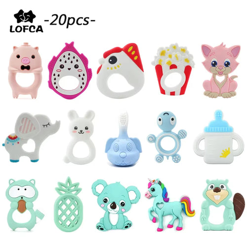 Set of 20 colorful silicone teething toys for baby teething relief, featuring various animal and food shapes.