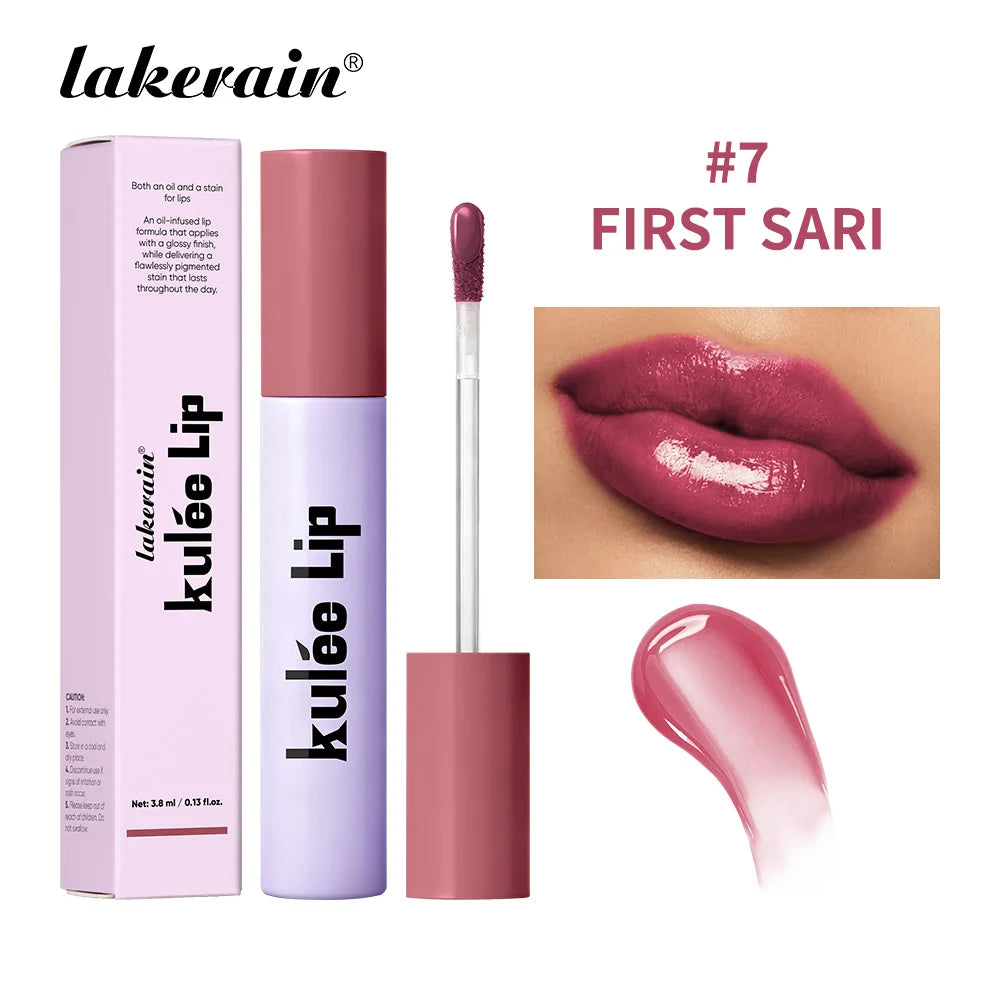 Lakerain Kulfée Lip Oil #7 First Sari, a long-lasting, non-sticky, moisturizing berry lip gloss with a glossy finish.