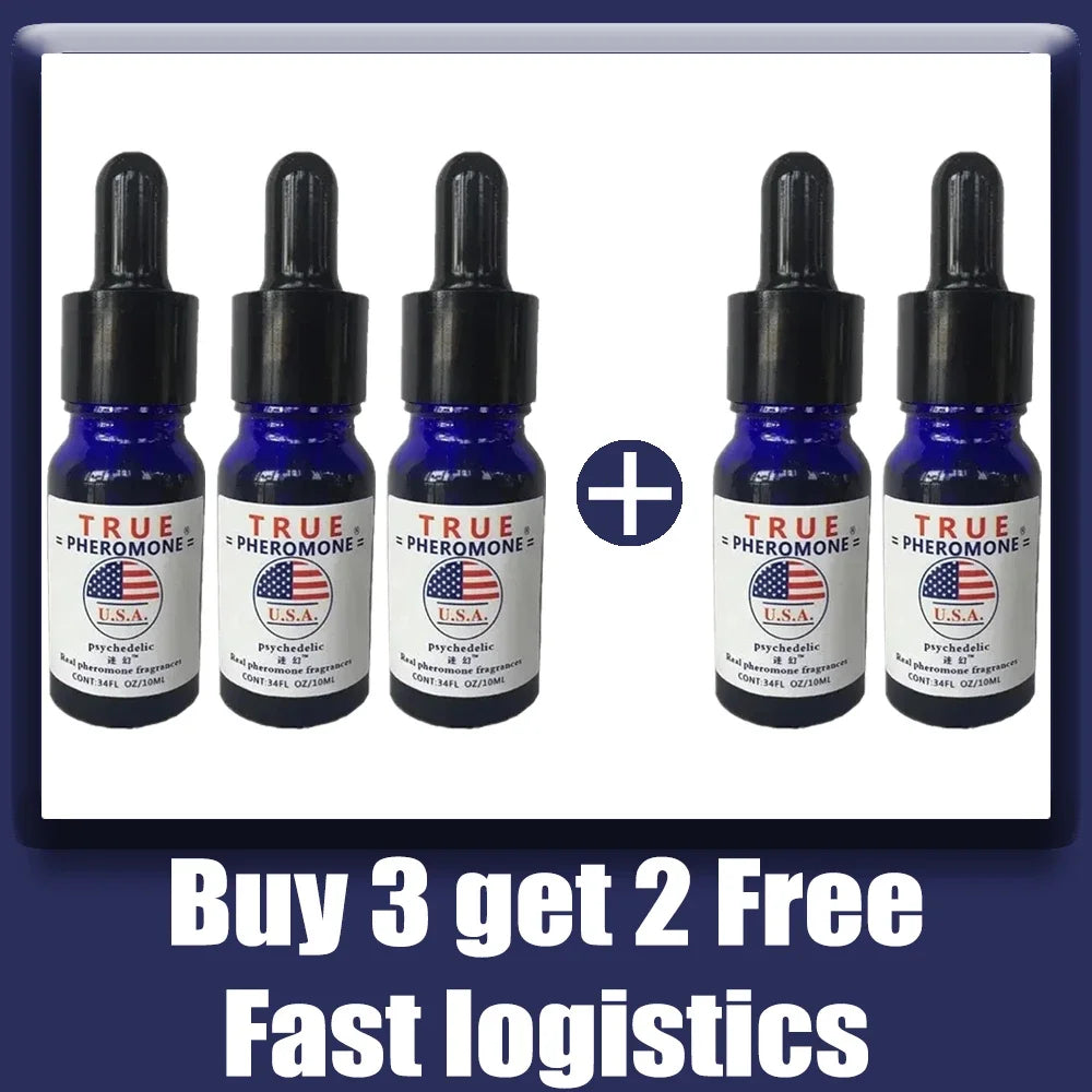 True Pheromone Psychedelic oil for men. 5-pack blue dropper bottles, long-lasting pheromone fragrance for dating.