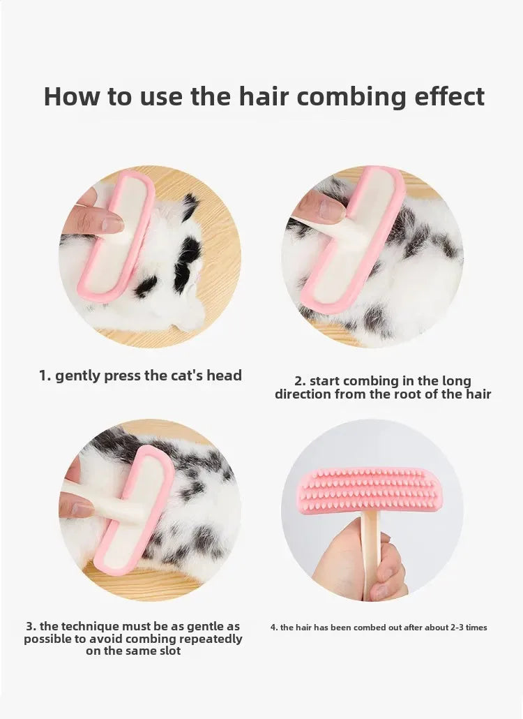 Pink silicone grooming brush for cats, rabbits, and guinea pigs. Gentle pet hair comb for grooming and bath care.