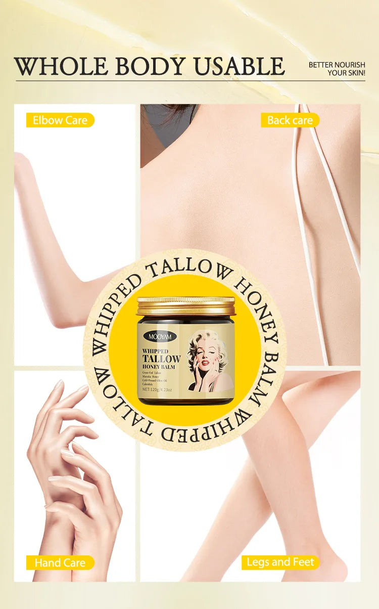 120g Whipped Beef Tallow And Honey Balm Beef Tallow Face Moisturizer Face & Body Skin Care Grass Fed Grass Finished Face Cream