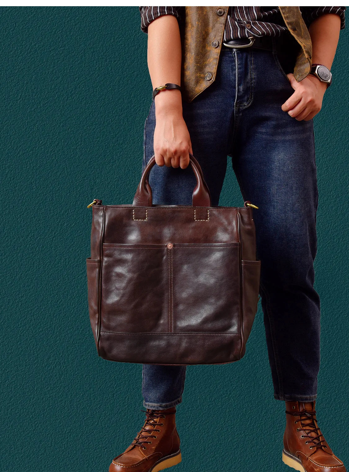 Fashion organizers designers handmade genuine leather men's tote bag outdoor travel luxury vegetable tanned cowhide handbags