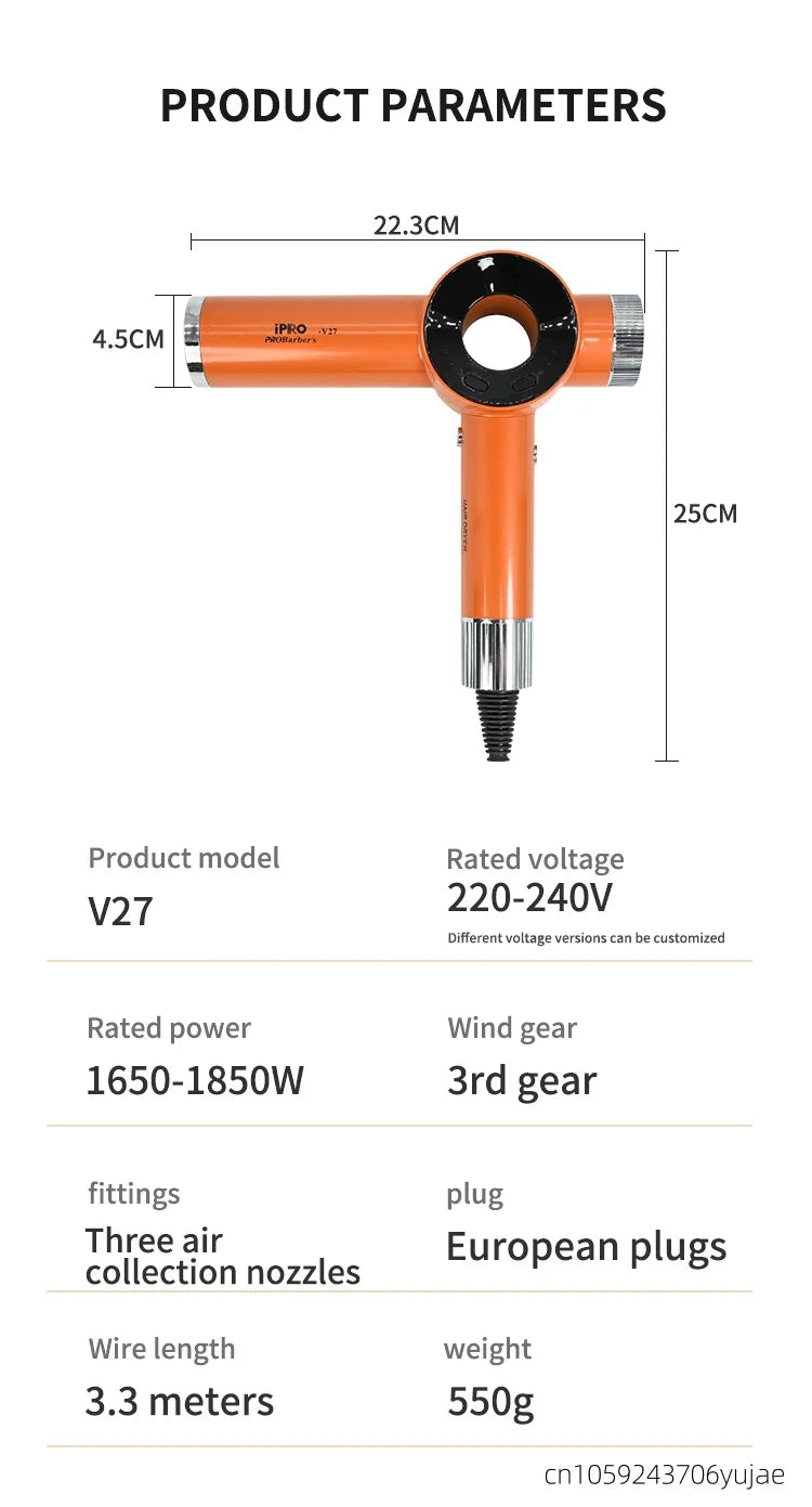 Orange 120,000 RPM high-speed professional bladeless hair dryer with 3 nozzles and 1850W power for salon styling.