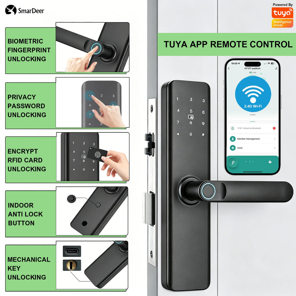 SmarDeer Indoor 5-in-1 Intelligent Door Lock,Tuya WIFI Fingerprint Lock，Keyless Entry Smart Electronic Door Lock for Home