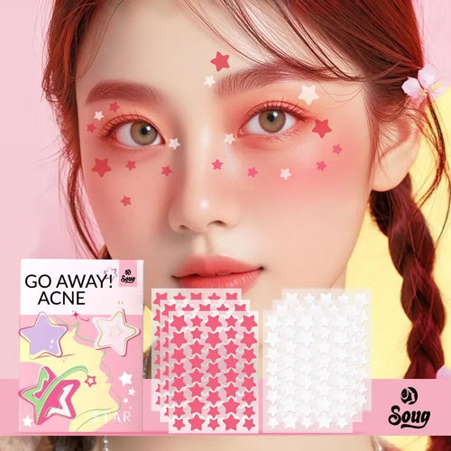 Star-shaped acne patch stickers on face, covering spots with pink and white stars