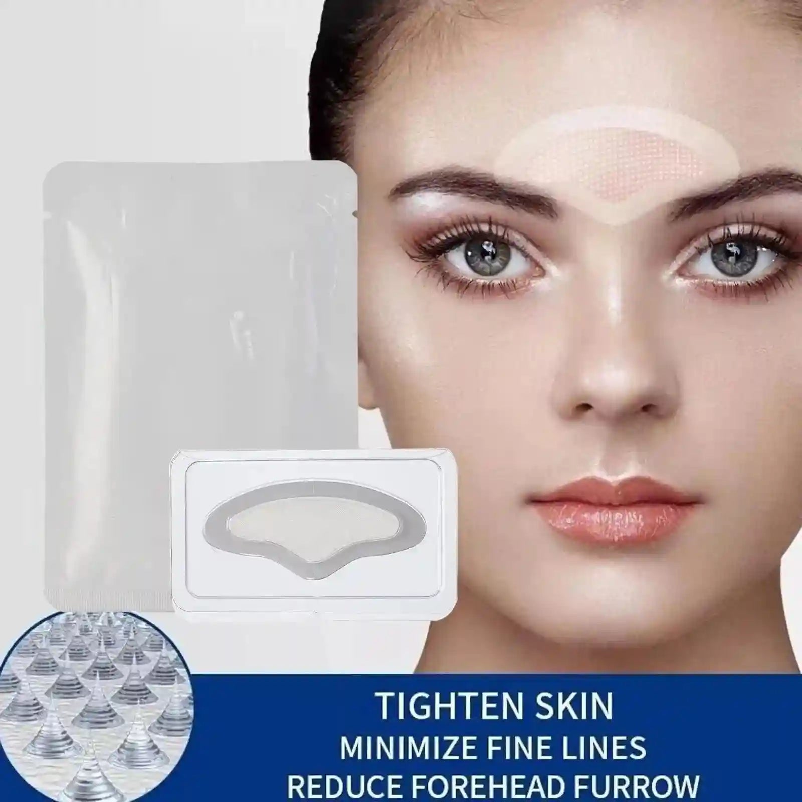 Clear, crescent-shaped microneedle forehead patch in packaging, applied to skin to target fine lines and wrinkles.