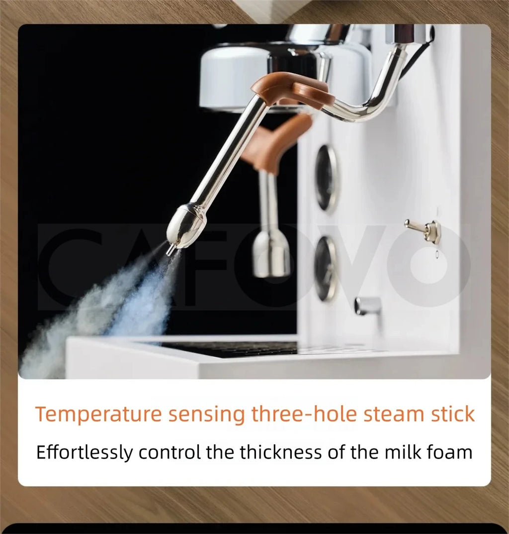 Cafovo espresso machine with white finish, chrome details, and a professional three-hole steam wand for milk frothing.