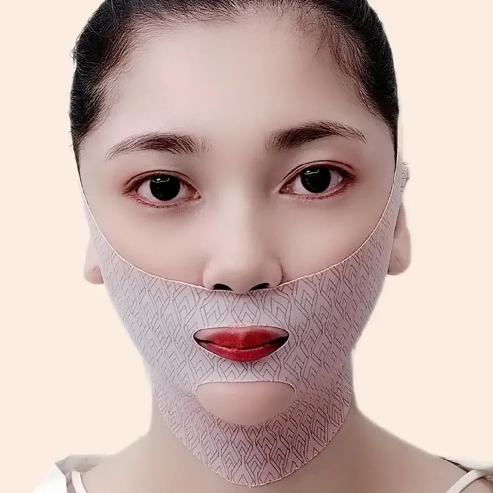 A person wearing a beige, V-shaped fabric face-lifting bandage with a geometric pattern and cutouts for mouth and chin.