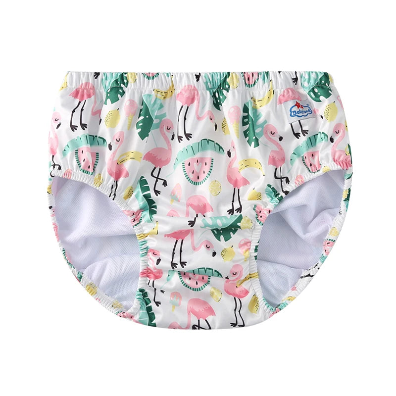 Babyland baby swim diaper with flamingo and watermelon tropical print. Reusable toddler swim training pant.