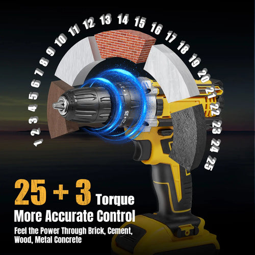 Yellow and black cordless impact drill with rotating chuck shown in a cutaway graphic