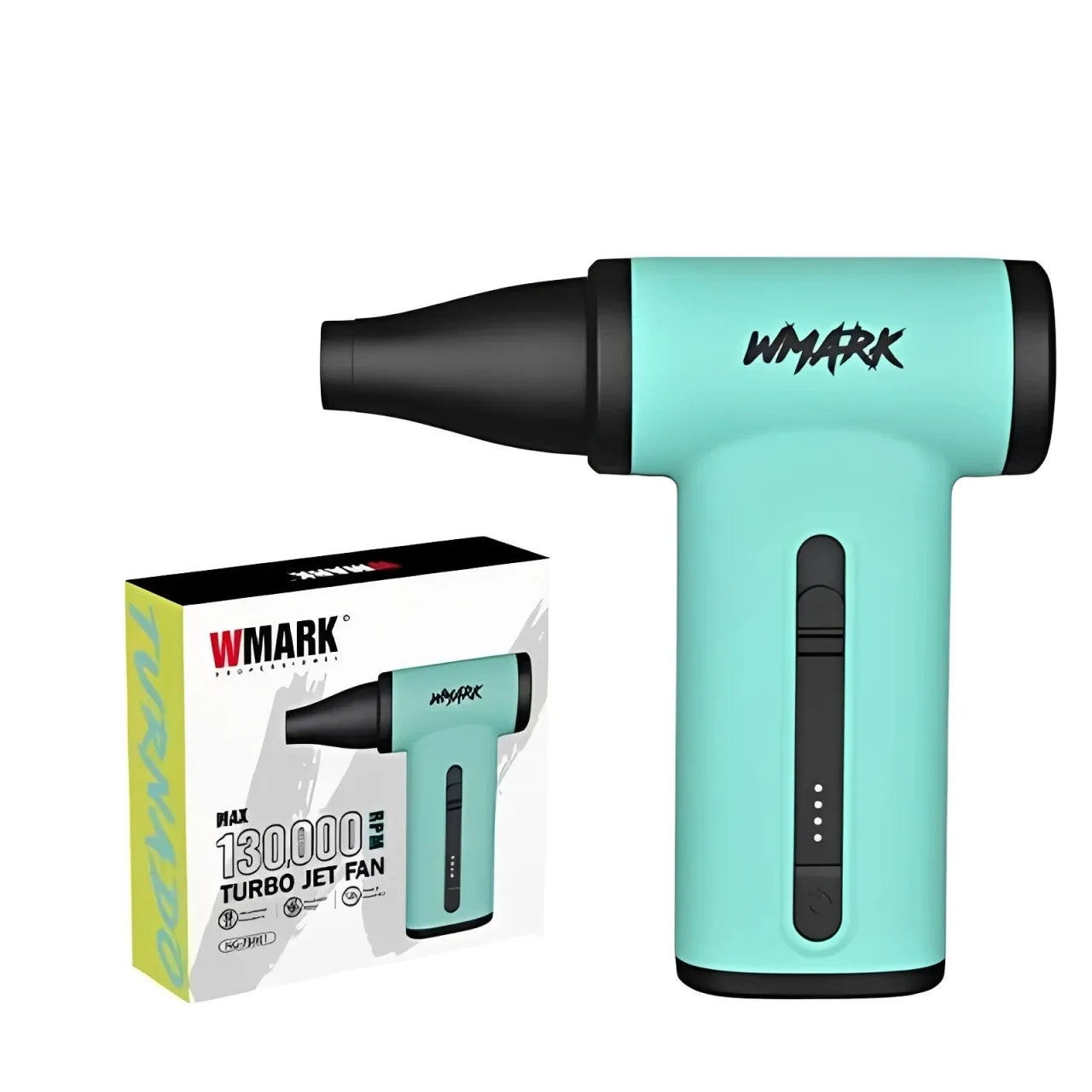WMARK cordless 130K RPM mint green turbo jet fan hair dryer with nozzle attachment and retail packaging.