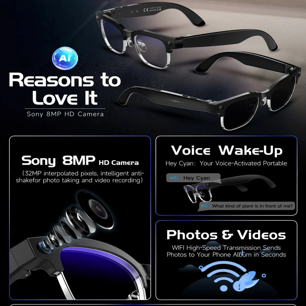 AI Smart Glasses with 4K Camera, Bluetooth, and Spatial Audio - Tidesmit Tidesmit