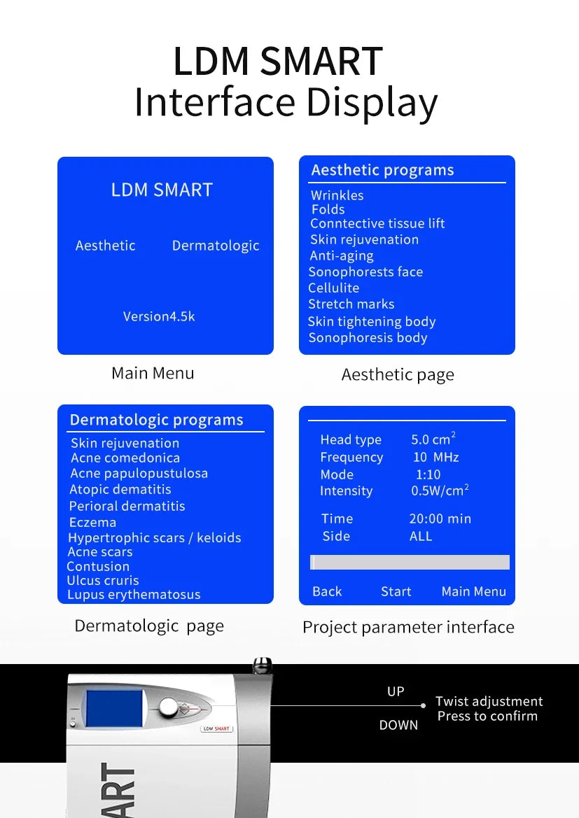 LDM Smart beauty machine interface display for anti-aging, wrinkle removal, and skin tightening aesthetic programs.