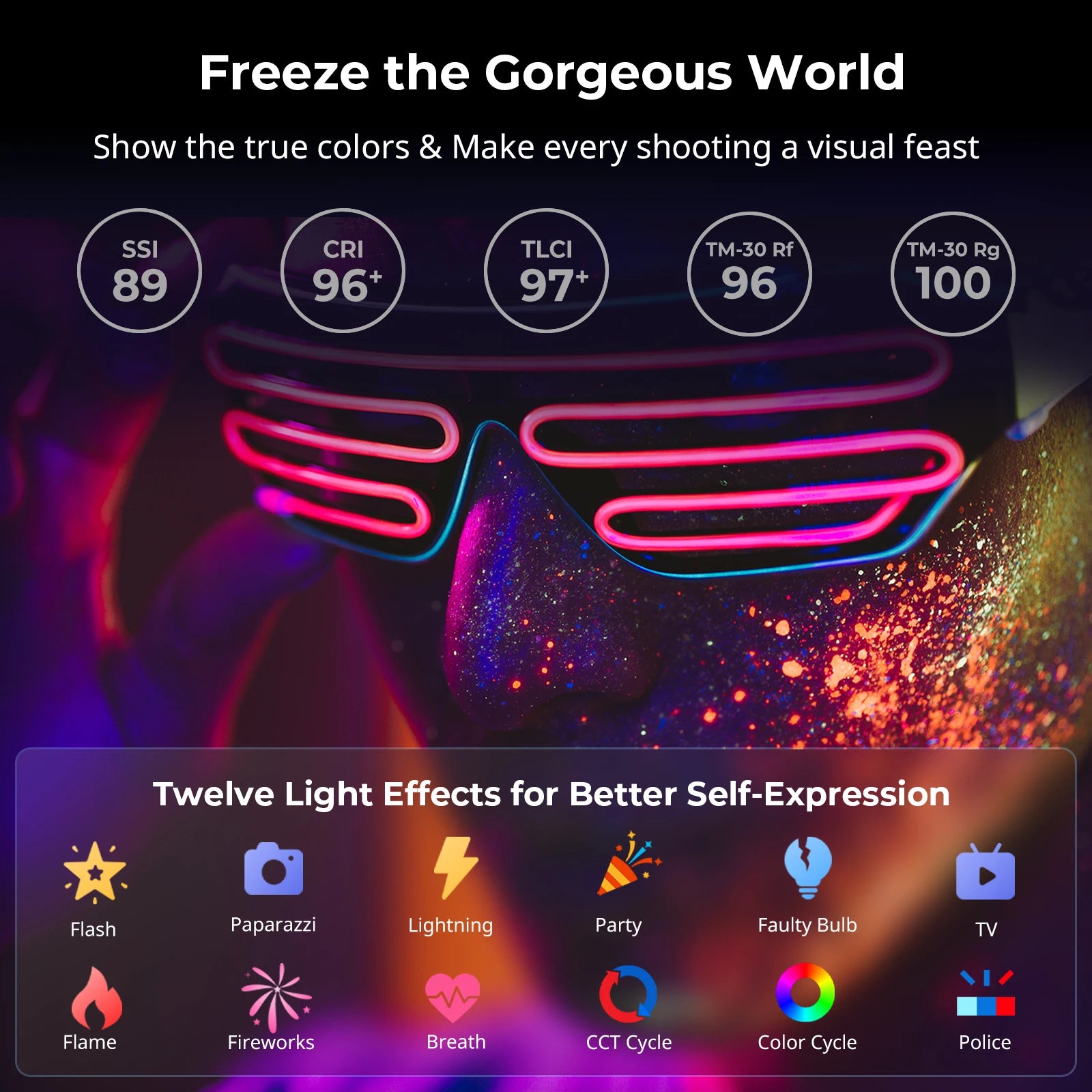 Neon LED shutter glasses for parties, featuring glowing pink linear frames and twelve selectable lighting effects.