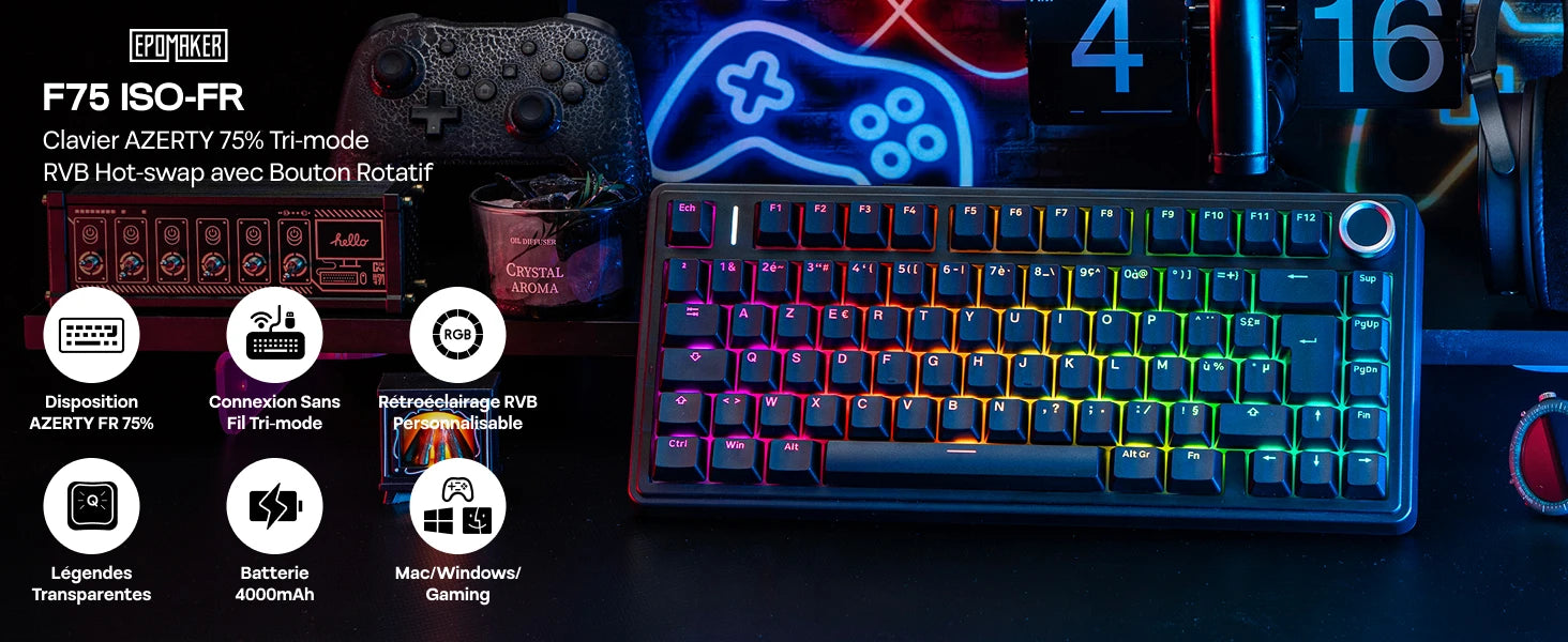 ISO-FR Layout AULA F75 75% AZERTY French Layout Wired/Bluetooth/2.4G Wireless Mechanical Gaming Keyboard RGB Backlighting 4000mAh Battery For Win/Mac