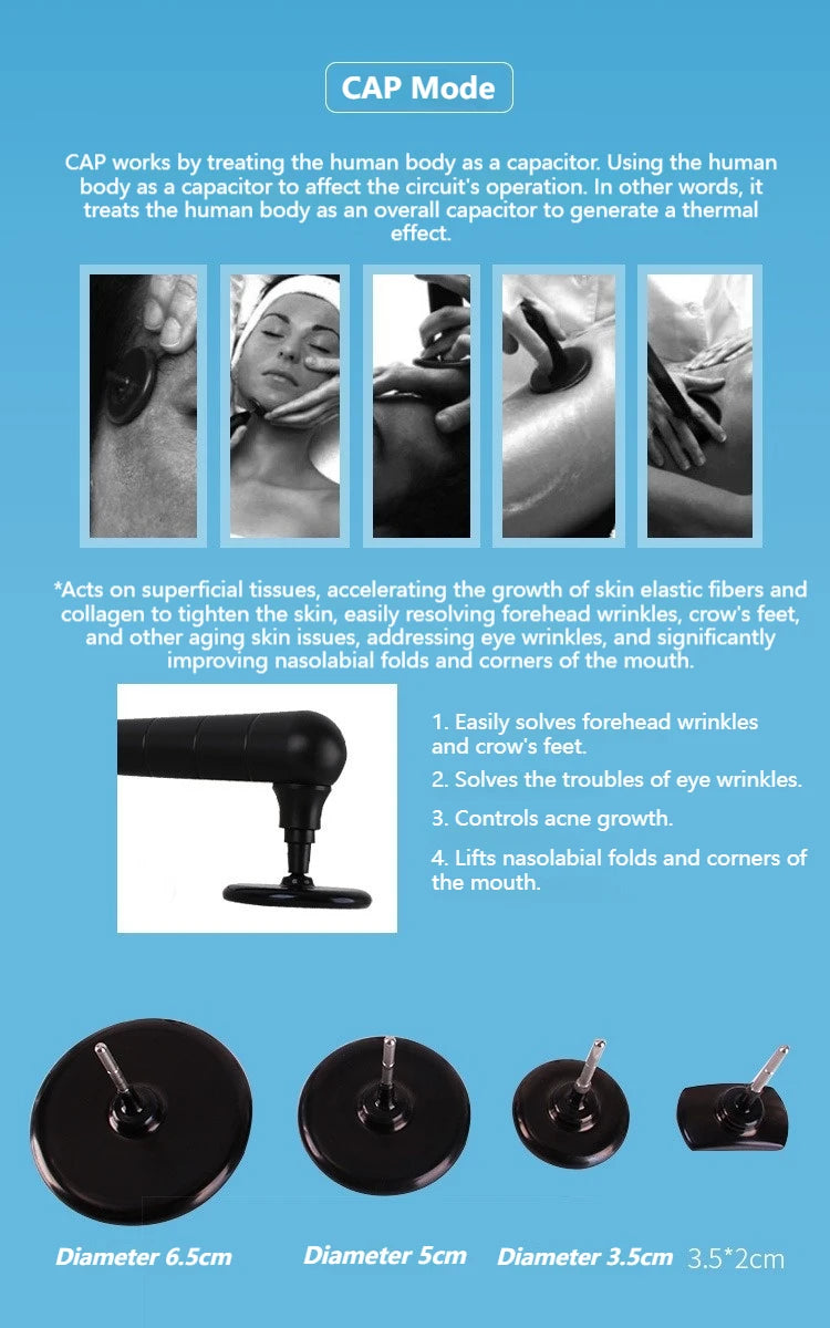 Black capacitive treatment probes of varying circular and rectangular sizes used for facial skin tightening and therapy.