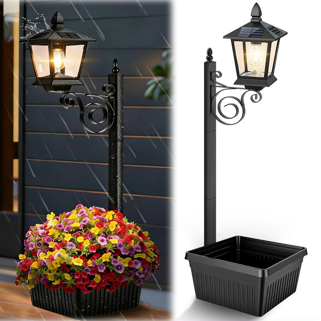 2 In 1 Outdoor Flower Pots Light with Planter Freestanding Planters Lamp Decorative Solar Lamp for Outside/Front Door/Yard/Lawn