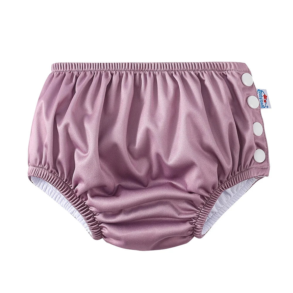 Babyland solid mauve cloth baby diaper with side snap buttons for adjustable fit.