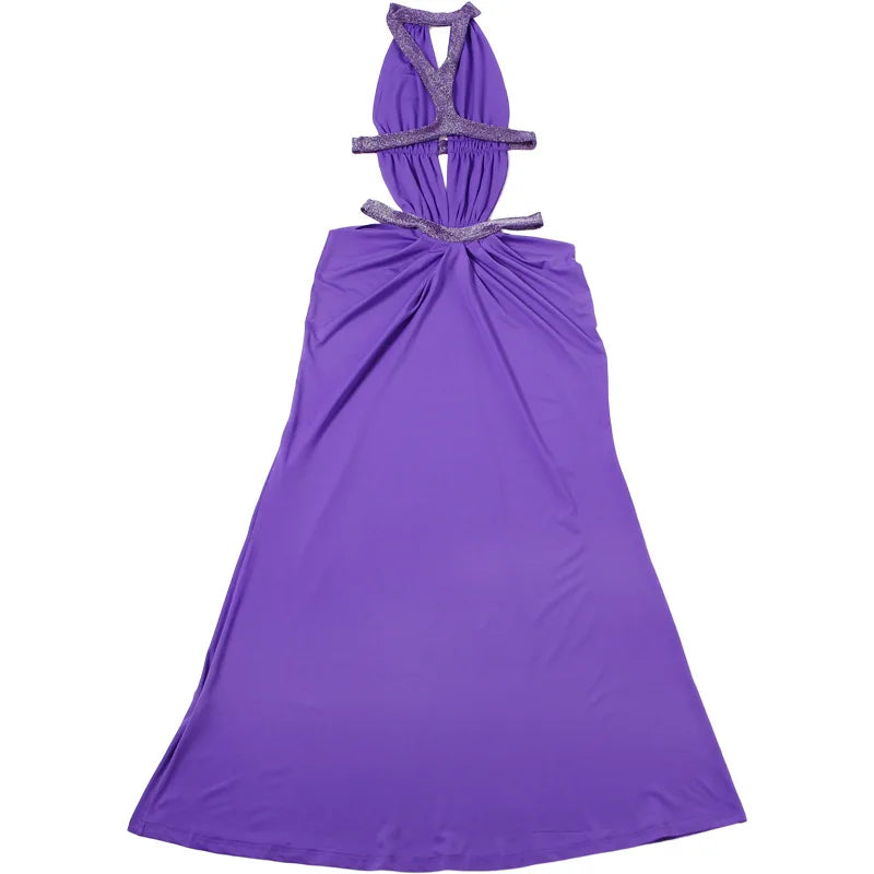 Sexy Women's Maxi Dress Halter Hollow Out Backless Sleeveless Ruched Evening Long Dresses Party Chic Robe Green Purple Summer