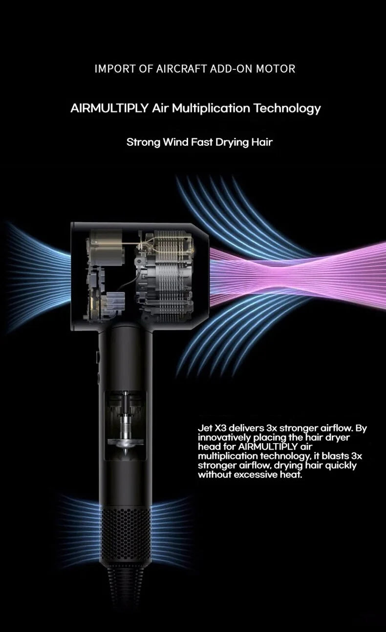 Black high-speed brushless hair dryer featuring air multiplication tech for fast, quiet, negative ion hair drying.