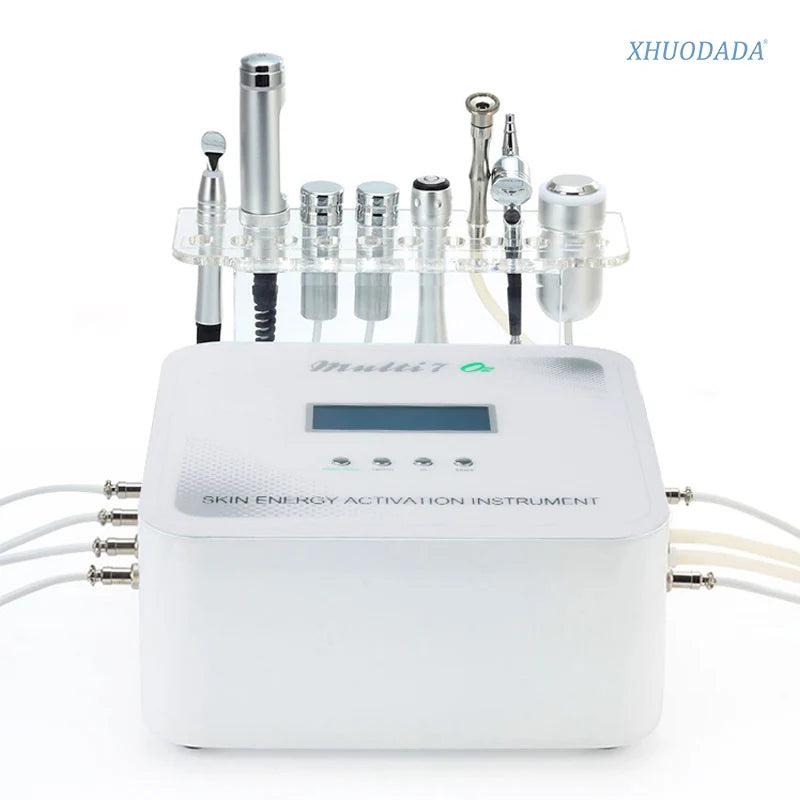 7-in-1 multifunctional hydro ultrasonic RF microcurrent facial machine with seven probes for home skin management.