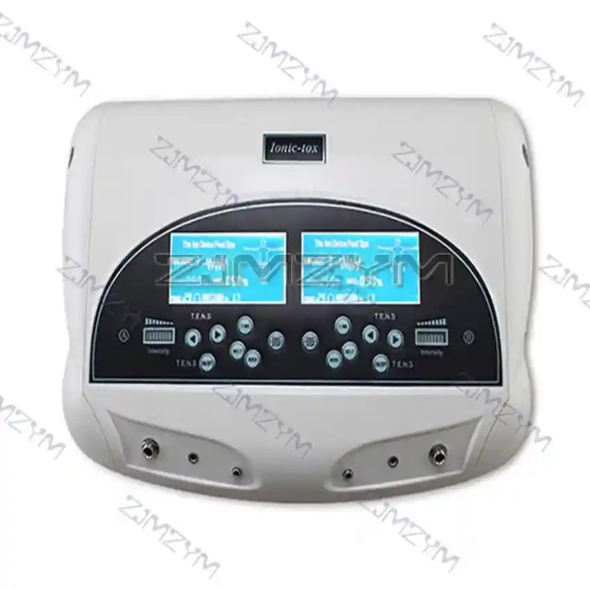 Dual ionic detox foot spa machine with two LCD screens, TENS massage controls, and white desktop console for body care.