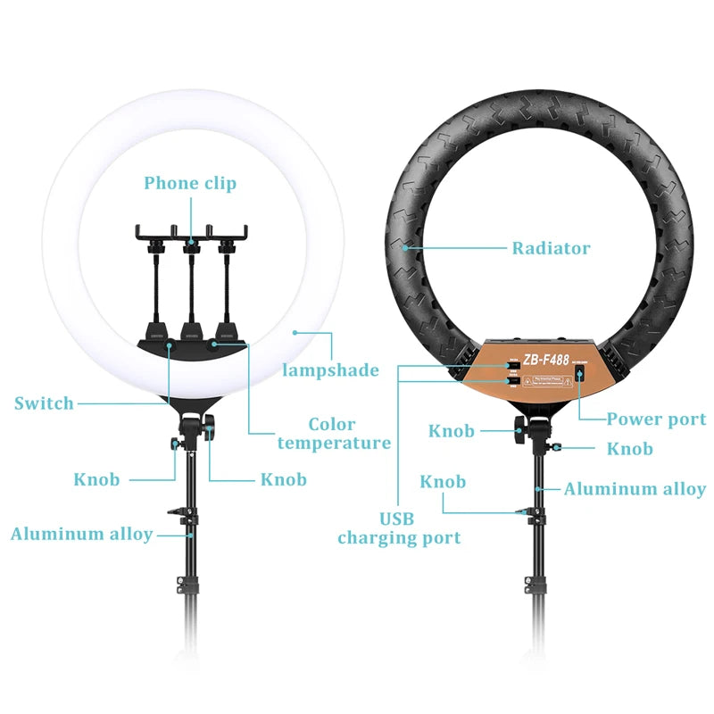 LED ring light with phone clip, adjustable tripod stand, rear radiator, and control knobs for photography and video.
