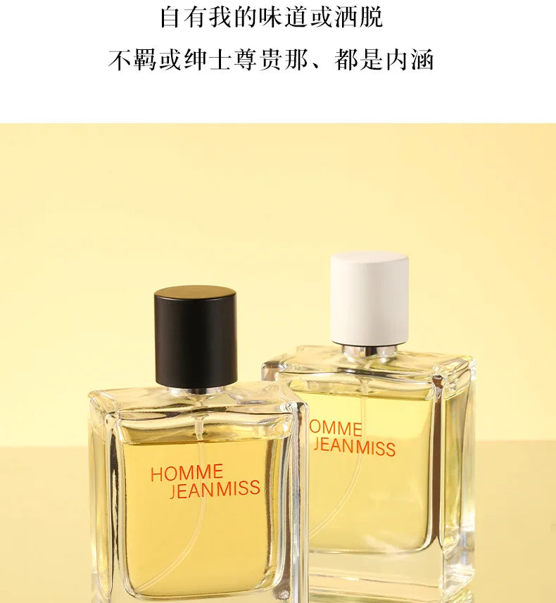JEAN MISS men's woody fougere parfum: clear square bottles with black and white caps. Long-lasting spicy cologne.