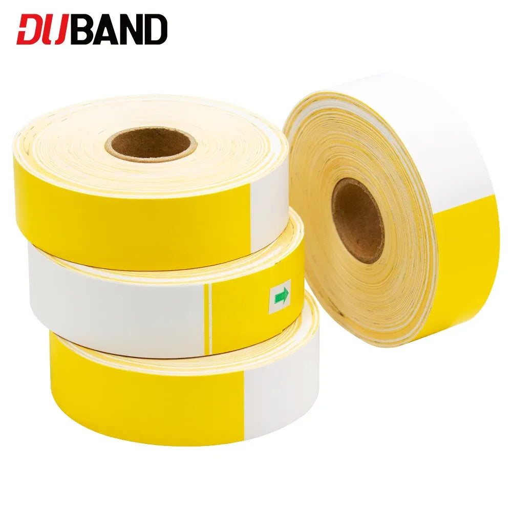 Thermal QR barcode wristband roll, yellow self-adhesive strips on backing paper
