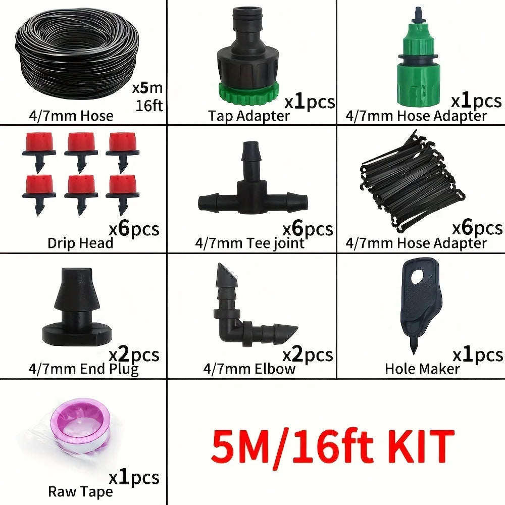 Watering drip irrigation kit with black tubing, connectors, and green tap adapter