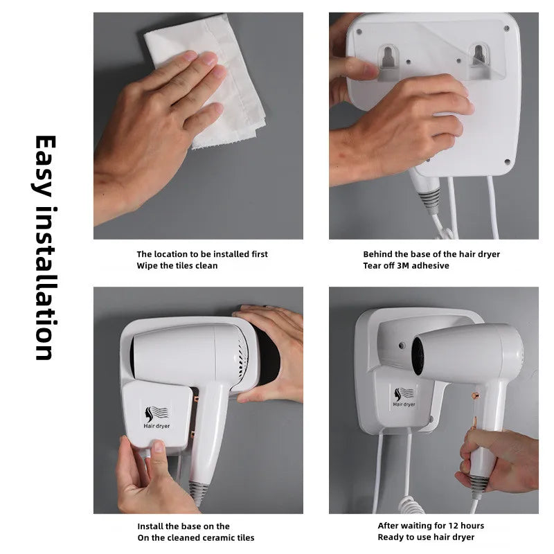 White wall-mounted bathroom hair dryer with easy non-perforated 3M adhesive installation and blue light technology.