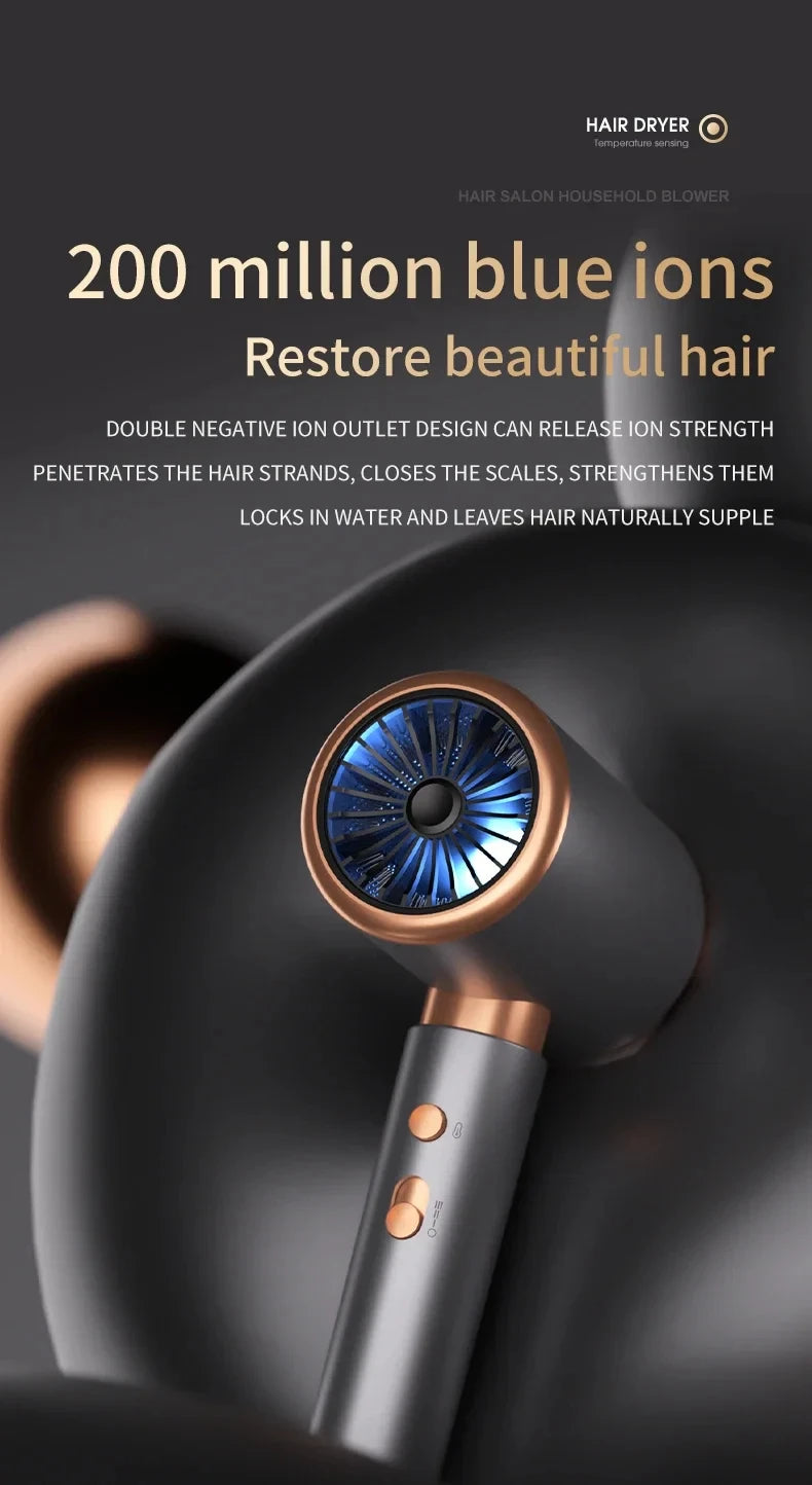 2000W professional ionic hair dryer in matte grey and rose gold with blue ion nozzle for salon-quality blowouts.