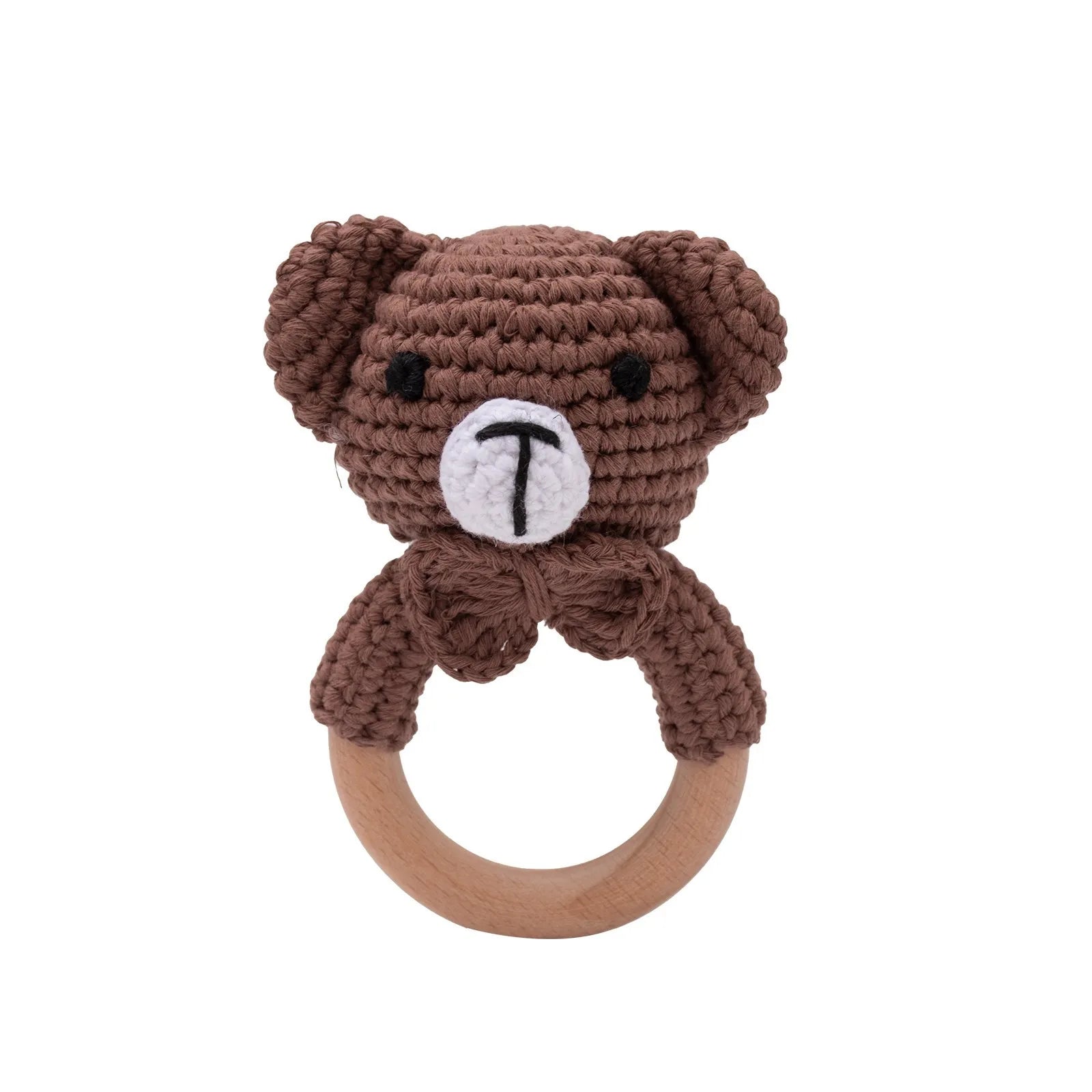 Brown bear baby teething ring made of natural wood and crochet cotton for soothing relief.