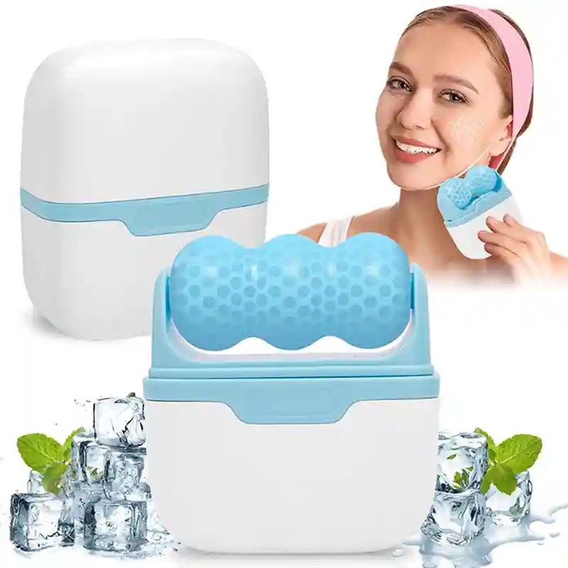 A white and light blue 2-in-1 ice roller for facial massage, featuring a dimpled, triple-sphere roller head.