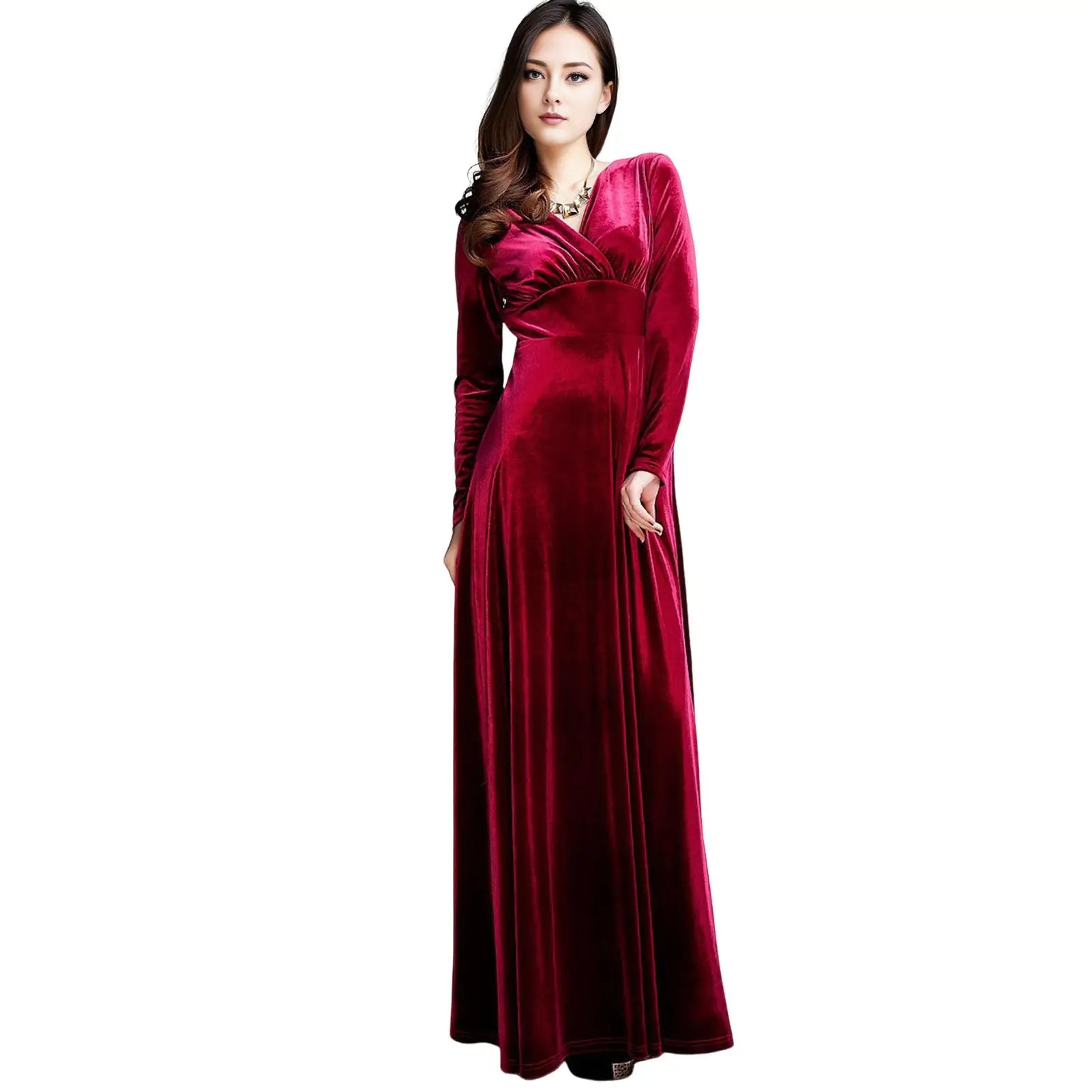 Vintage Women Autumn Long Sleeve V Neck Pleated Velvet Banquet Party Maxi Dress Party Wedding Elegant Evening dress 