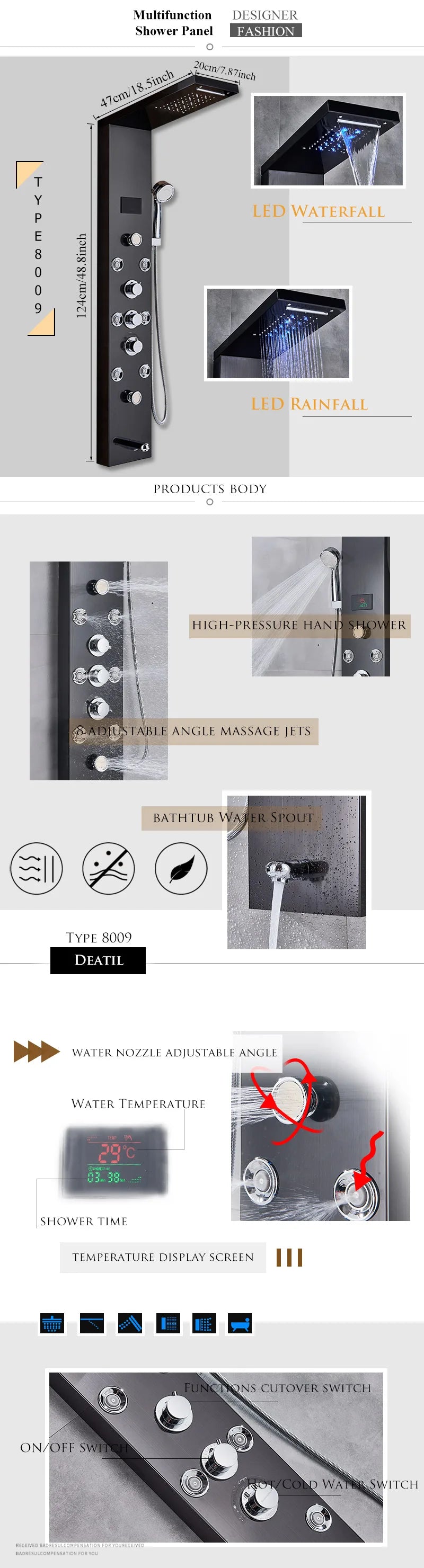 LED Shower Panel Waterfall Rain Digital Display Shower Faucet Set SPA Massage Jet Bathroom Column Mixer Tap Tower System