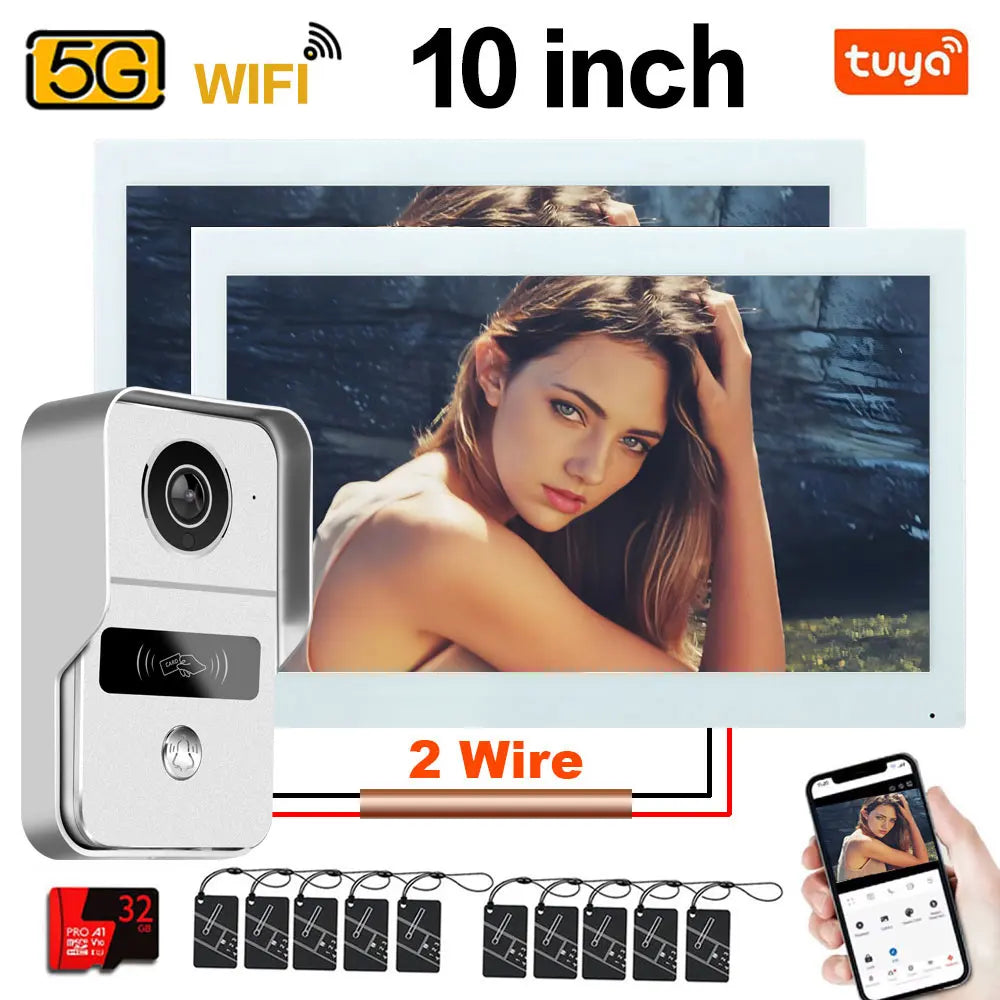Tuya 1080P 5G Wifi 7/10 Inch 2pcs Touch Monitor for Apartment System Home Security 2 Wire Doorbell Card Swipe APP NFC unlock
