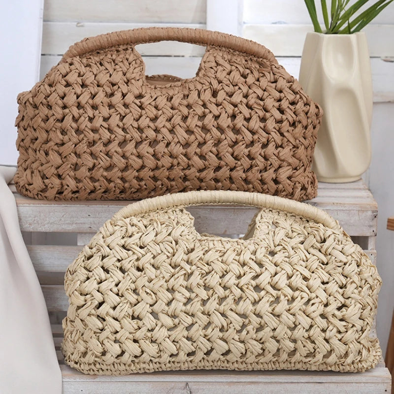Women's Brand Fashion Clip Handbag, Bohemian Style Large Capacity Travel Woven Bag Popular Elegant Raffia Handmade Crossbody Bag
