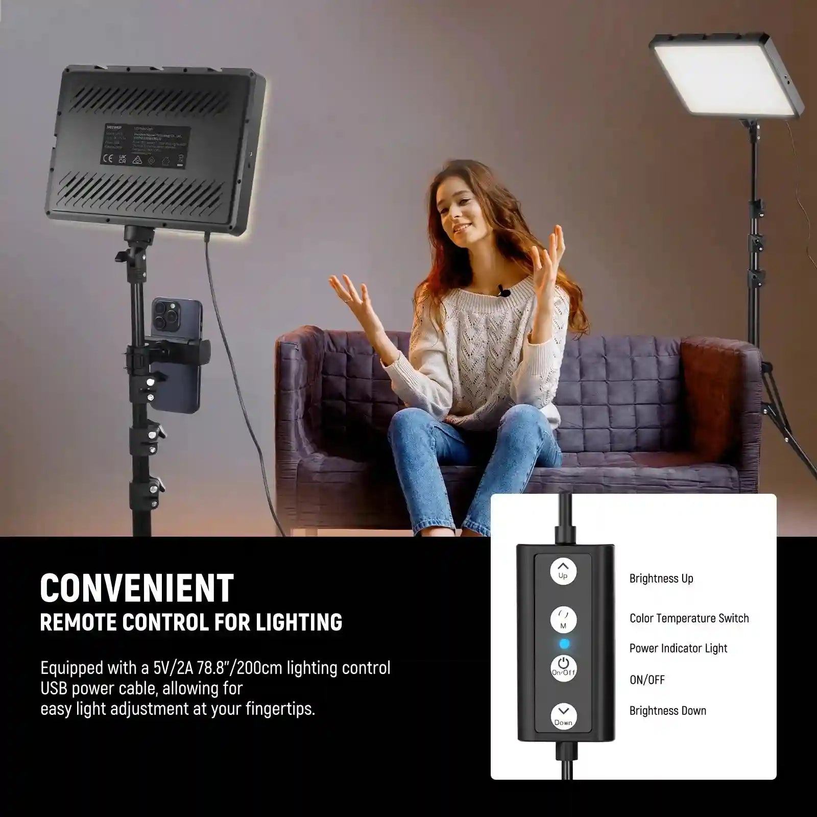 LED video light panel on an adjustable tripod stand with a wired remote control for streaming and video production.